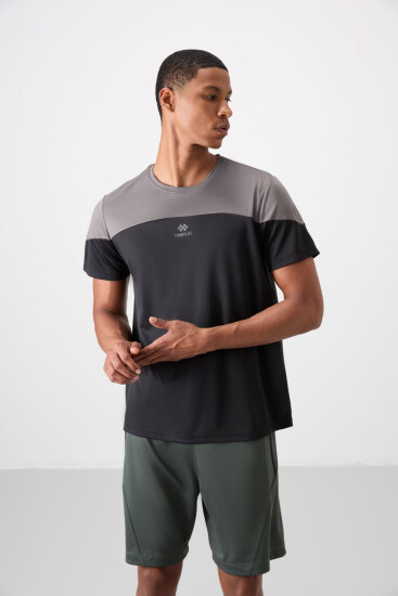 Siyah Nefes Alan Dokulu İnce Esnek Standart Fit Erkek Performans T-Shirt - 88386 