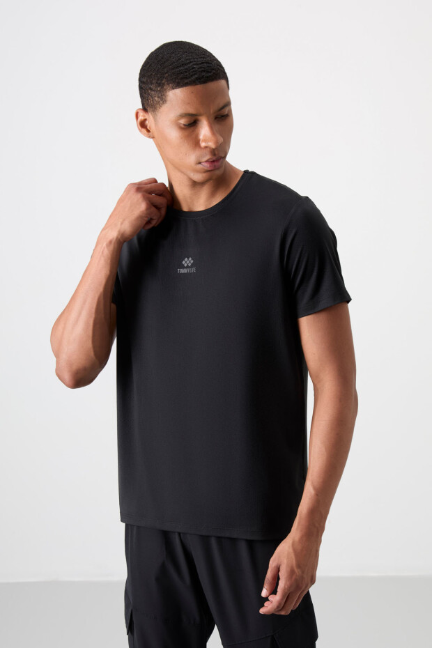 Siyah Polyester Nefes Alan Dokulu İnce Esnek Standart Fit Erkek Performans T-Shirt - 88387