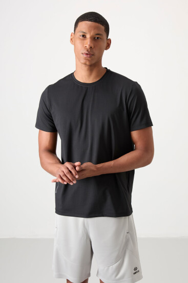 Siyah Nefes Alan Dokulu İnce Esnek Standart Fit Erkek Performans T-Shirt - 88388 