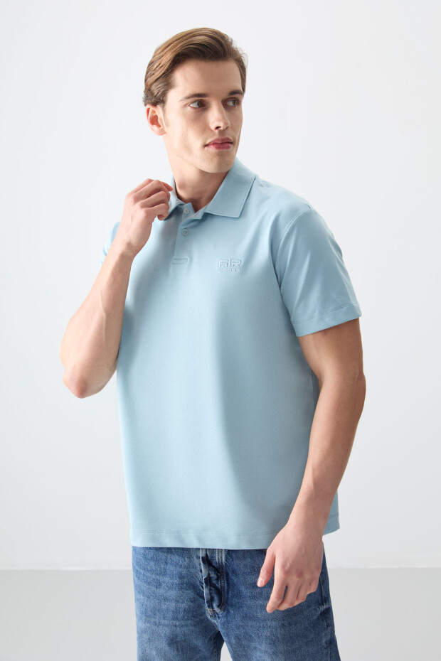 Açık Mavi Pamuklu Kalın Yumuşak Dokulu Polo Yaka Oversize Fit Basic Erkek T- Shirt - 88381