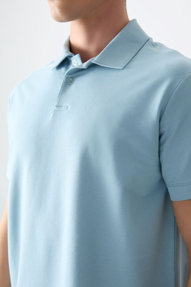 Açık Mavi Pamuklu Kalın Yumuşak Dokulu Polo Yaka Oversize Fit Basic Erkek T- Shirt - 88381 - 3