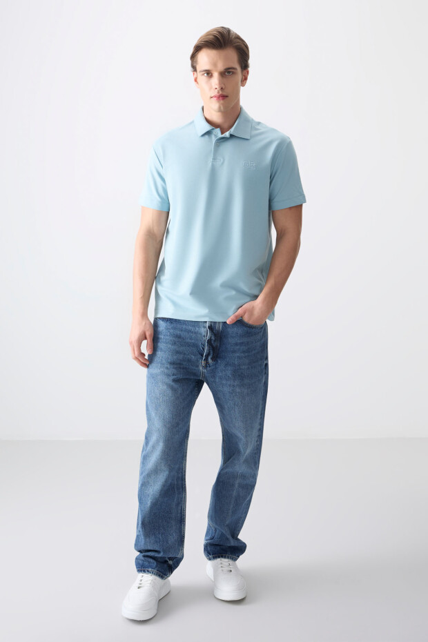 Açık Mavi Pamuklu Kalın Yumuşak Dokulu Polo Yaka Oversize Fit Basic Erkek T- Shirt - 88381 - 5
