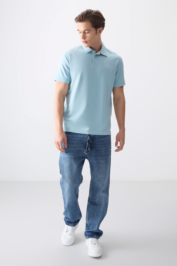 Açık Mavi Pamuklu Kalın Yumuşak Dokulu Polo Yaka Oversize Fit Basic Erkek T- Shirt - 88381
