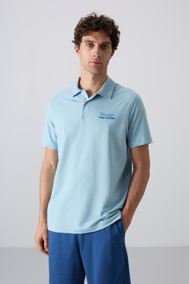Açık Mavi Pamuklu Kalın Yumuşak Dokulu Standart Fit Baskılı Polo Yaka Erkek T-Shirt - 88346