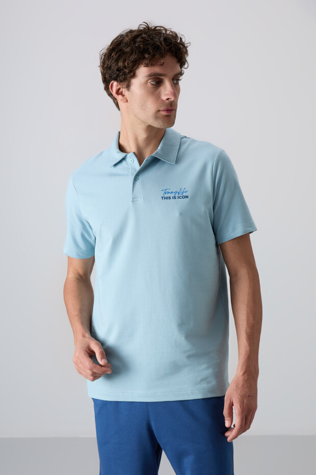 Açık Mavi Pamuklu Kalın Yumuşak Dokulu Standart Fit Baskılı Polo Yaka Erkek T-Shirt - 88346