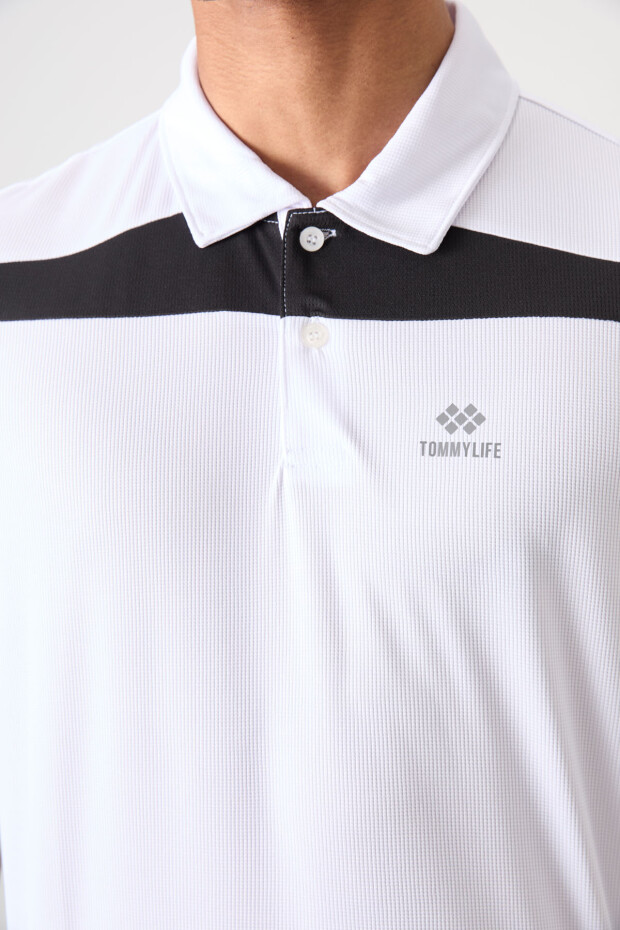 Beyaz Polyester Nefes Alan Dokulu İnce Esnek Standart Fit Polo Yaka Erkek Performans T-Shirt - 88392