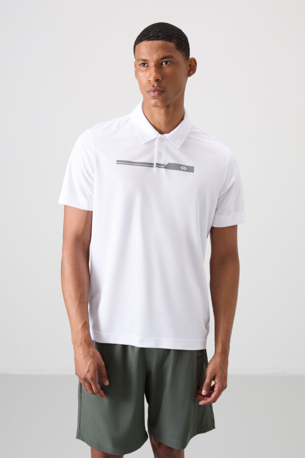 Beyaz Polyester Nefes Alan Dokulu İnce Esnek Standart Fit Polo Yaka Erkek Performans T-Shirt - 88393