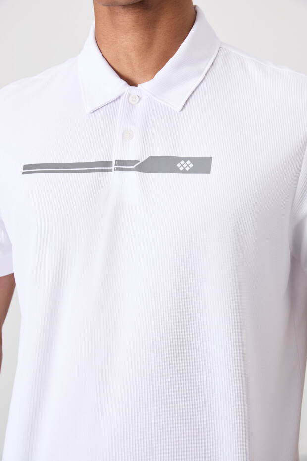 Beyaz Nefes Alan Dokulu İnce Esnek Standart Fit Polo Yaka Erkek Performans T-Shirt - 88393 - 3