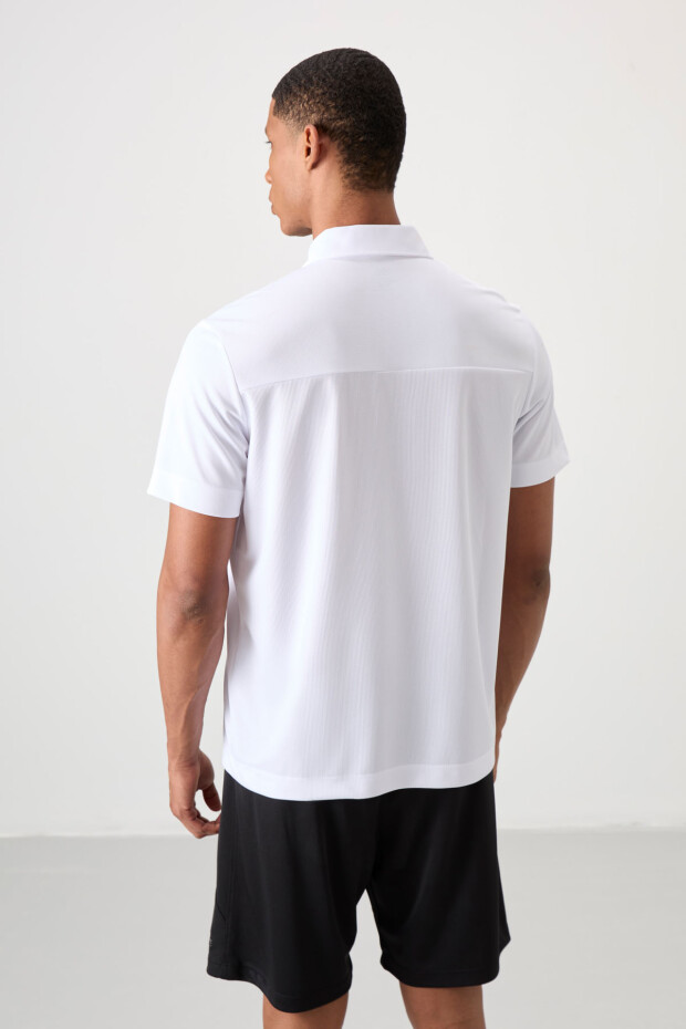Beyaz Polyester Nefes Alan Dokulu İnce Esnek Standart Fit Polo Yaka Erkek Performans T-Shirt - 88402