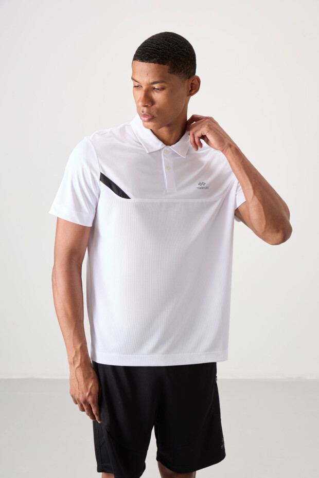 Beyaz Nefes Alan Dokulu İnce Esnek Standart Fit Polo Yaka Erkek Performans T-Shirt - 88402 - 5