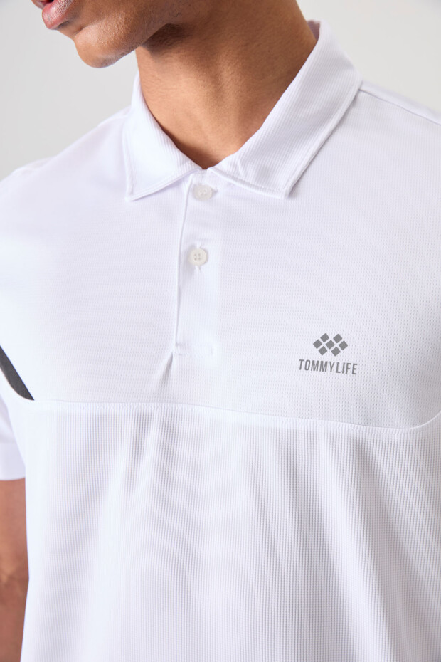 Beyaz Nefes Alan Dokulu İnce Esnek Standart Fit Polo Yaka Erkek Performans T-Shirt - 88402 - 3
