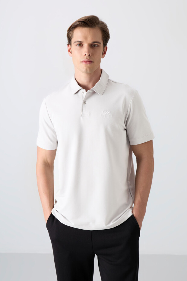 Ekru Basic Logolu Standart Kalıp Triko Polo Yaka Erkek T-Shirt - 87748