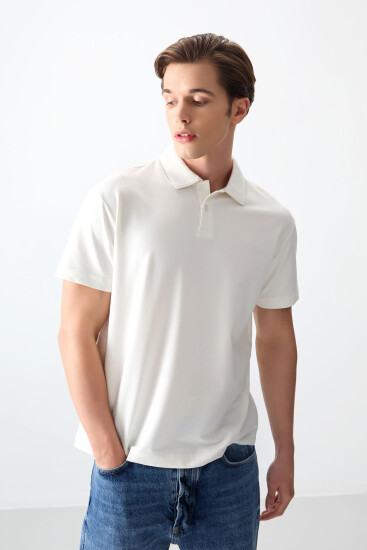 Ekru Pamuklu Kalın Yumuşak Dokulu Polo Yaka Oversize Fit Basic Erkek T- Shirt - 88381 - Air Jones (1)