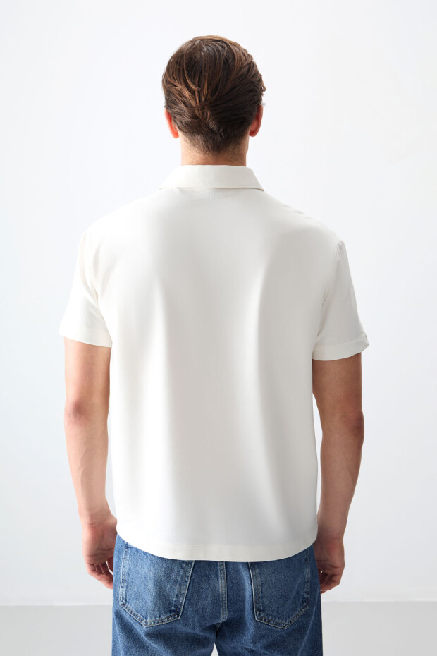 Ekru Pamuklu Kalın Yumuşak Dokulu Polo Yaka Oversize Fit Basic Erkek T- Shirt - 88381 - 3