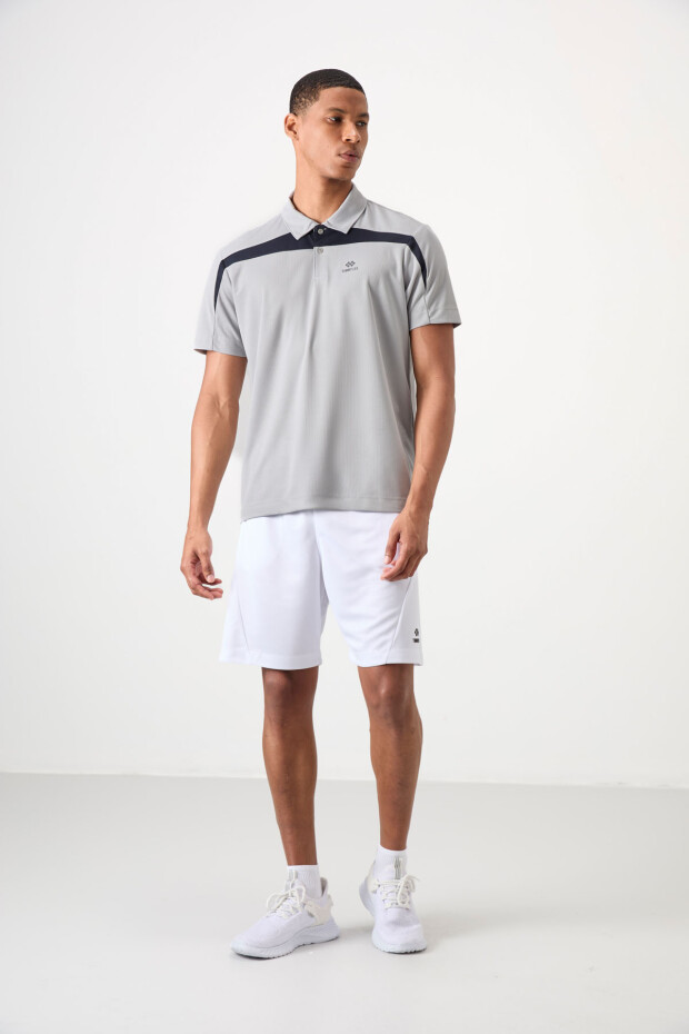 Gri Nefes Alan Dokulu İnce Esnek Standart Fit Polo Yaka Erkek Performans T-Shirt - 88392 - 2