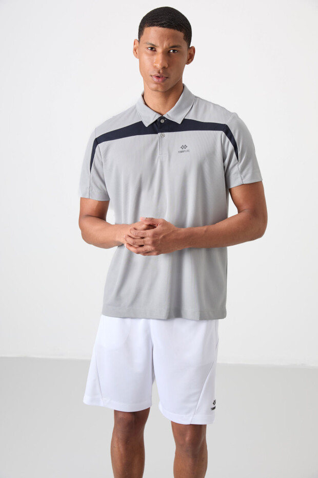 Gri Nefes Alan Dokulu İnce Esnek Standart Fit Polo Yaka Erkek Performans T-Shirt - 88392 - 4