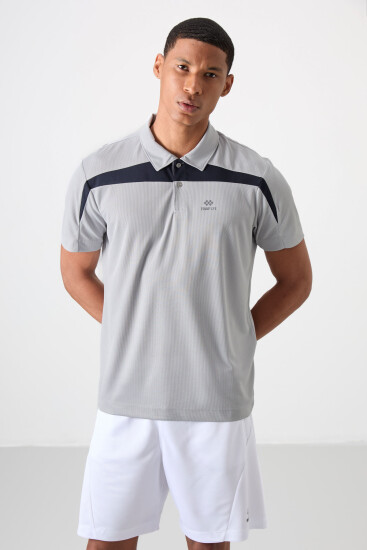 Gri Nefes Alan Dokulu İnce Esnek Standart Fit Polo Yaka Erkek Performans T-Shirt - 88392 