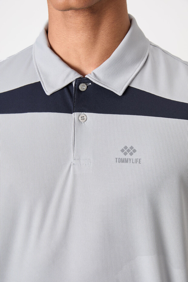 Gri Nefes Alan Dokulu İnce Esnek Standart Fit Polo Yaka Erkek Performans T-Shirt - 88392 - 3