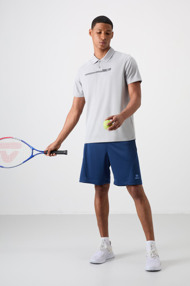 Gri Nefes Alan Dokulu İnce Esnek Standart Fit Polo Yaka Erkek Performans T-Shirt - 88393 - 2