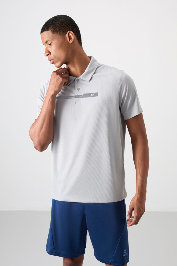 Gri Nefes Alan Dokulu İnce Esnek Standart Fit Polo Yaka Erkek Performans T-Shirt - 88393 - 4