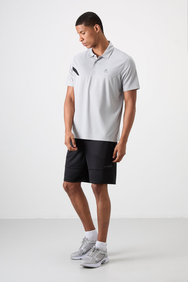 Gri Polyester Nefes Alan Dokulu İnce Esnek Standart Fit Polo Yaka Erkek Performans T-Shirt - 88402