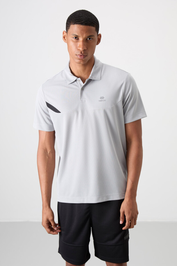 Gri Nefes Alan Dokulu İnce Esnek Standart Fit Polo Yaka Erkek Performans T-Shirt - 88402 - 4