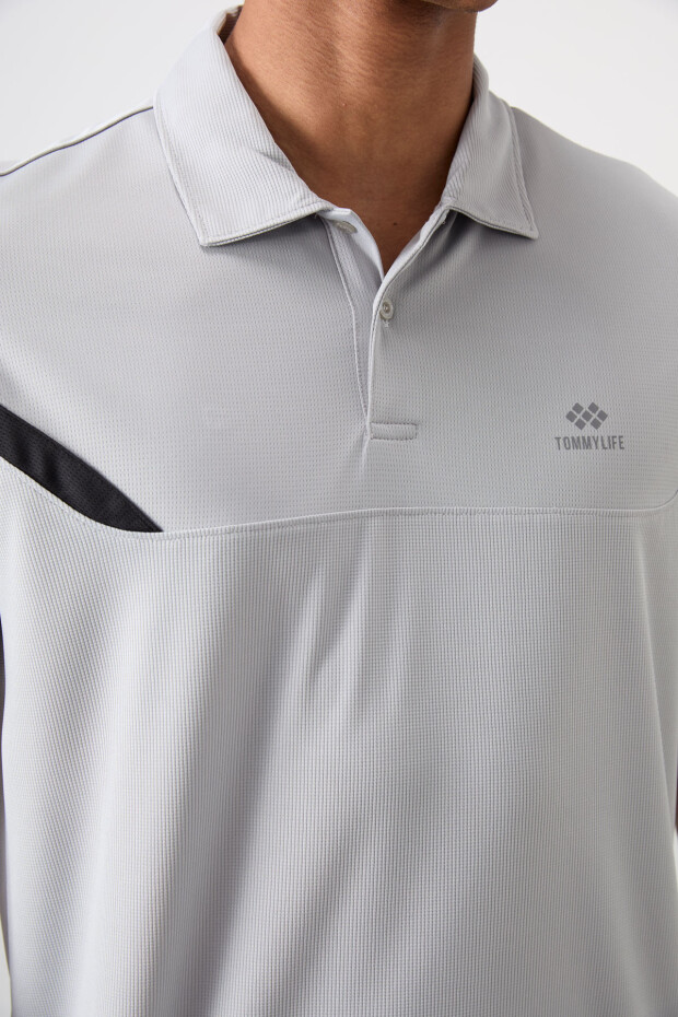 Gri Nefes Alan Dokulu İnce Esnek Standart Fit Polo Yaka Erkek Performans T-Shirt - 88402 - 3