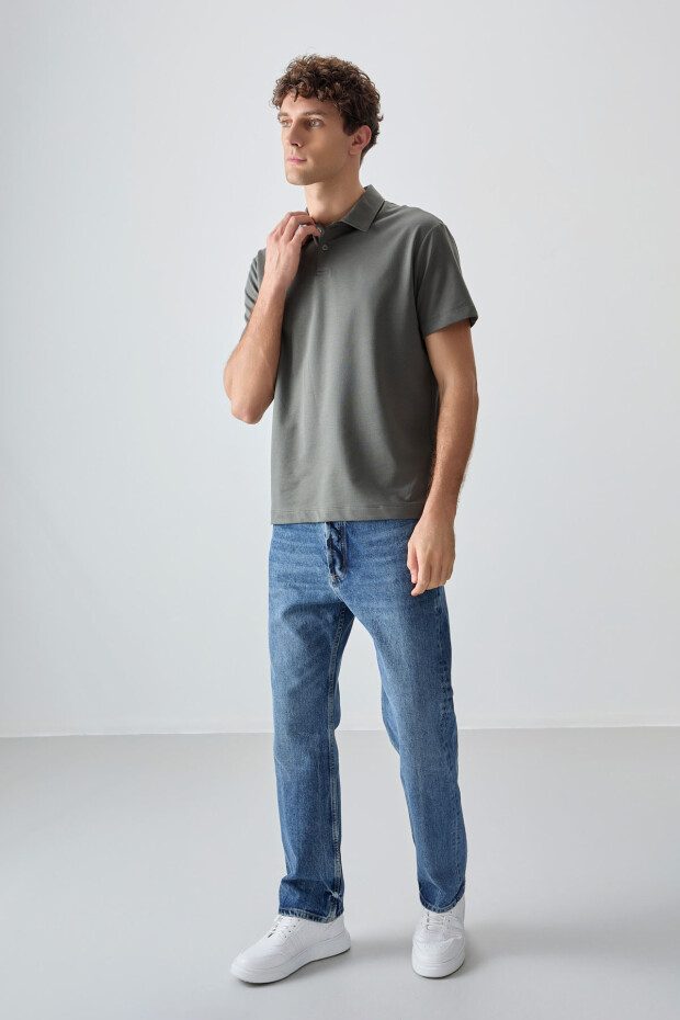 Haki Pamuklu Kalın Yumuşak Dokulu Polo Yaka Oversize Fit Basic Erkek T- Shirt - 88381 - 4