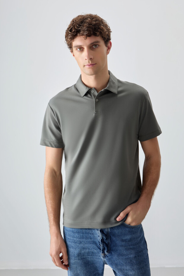 Haki Pamuklu Kalın Yumuşak Dokulu Polo Yaka Oversize Fit Basic Erkek T- Shirt - 88381 - 2