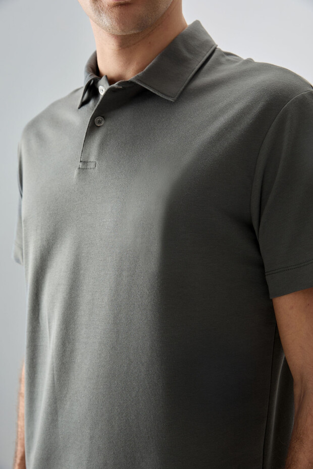 Haki Pamuklu Kalın Yumuşak Dokulu Polo Yaka Oversize Fit Basic Erkek T- Shirt - 88381 - 3