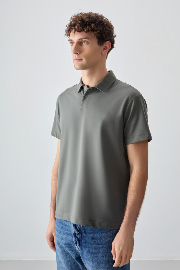 Haki Pamuklu Kalın Yumuşak Dokulu Polo Yaka Oversize Fit Basic Erkek T- Shirt - 88381 - 5