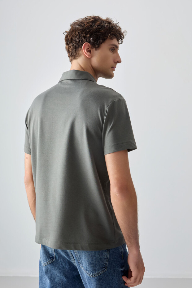 Haki Pamuklu Kalın Yumuşak Dokulu Polo Yaka Oversize Fit Basic Erkek T- Shirt - 88381 - 6