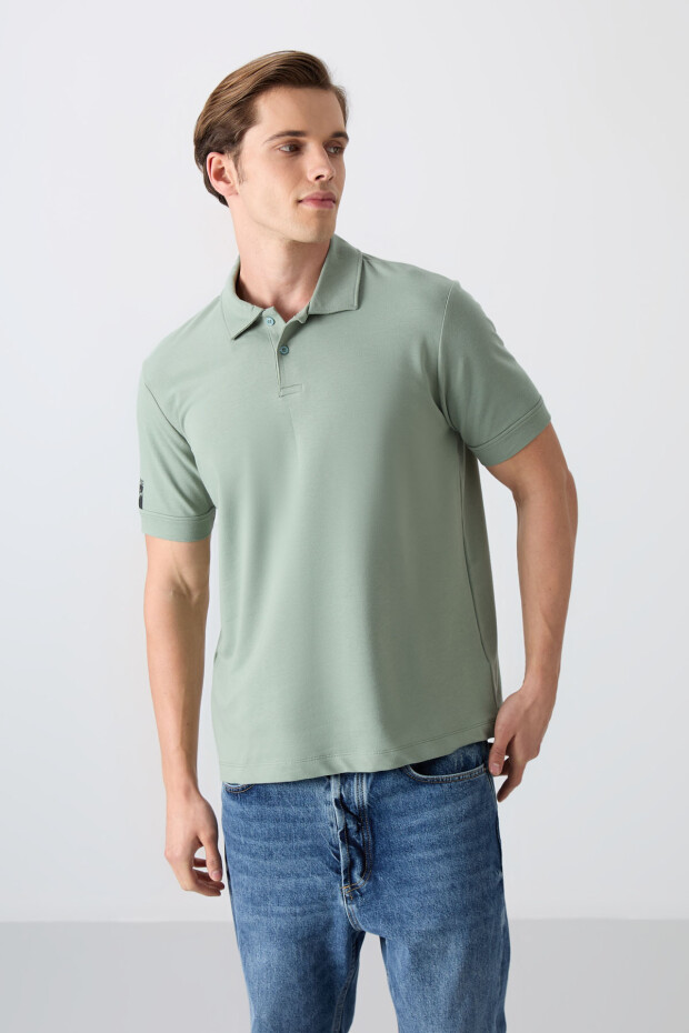 Açık Yeşil Pamuklu Kalın Yumuşak Dokulu Standart Fit Basic Polo Yaka Erkek T-Shirt - 88351