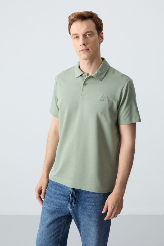 Açık Yeşil Basic Logolu Standart Kalıp Triko Polo Yaka Erkek T-Shirt - 87748