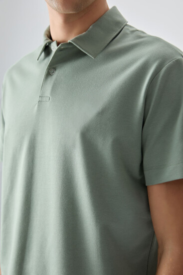 Açık Yeşil Pamuklu Kalın Yumuşak Dokulu Polo Yaka Oversize Fit Basic Erkek T-Shirt - 88381 - Thumbnail