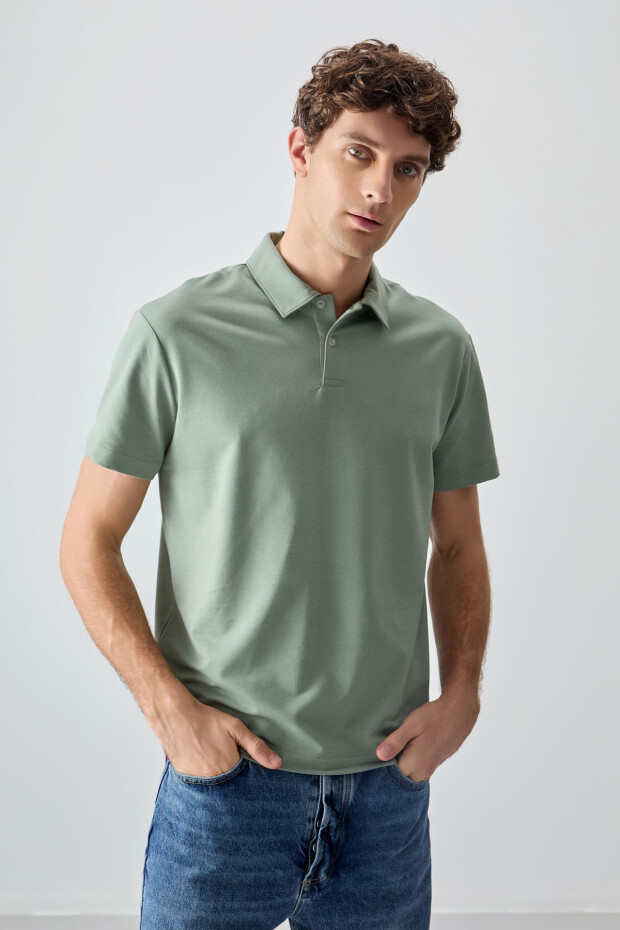 Açık Yeşil Pamuklu Kalın Yumuşak Dokulu Polo Yaka Oversize Fit Basic Erkek T-Shirt - 88381