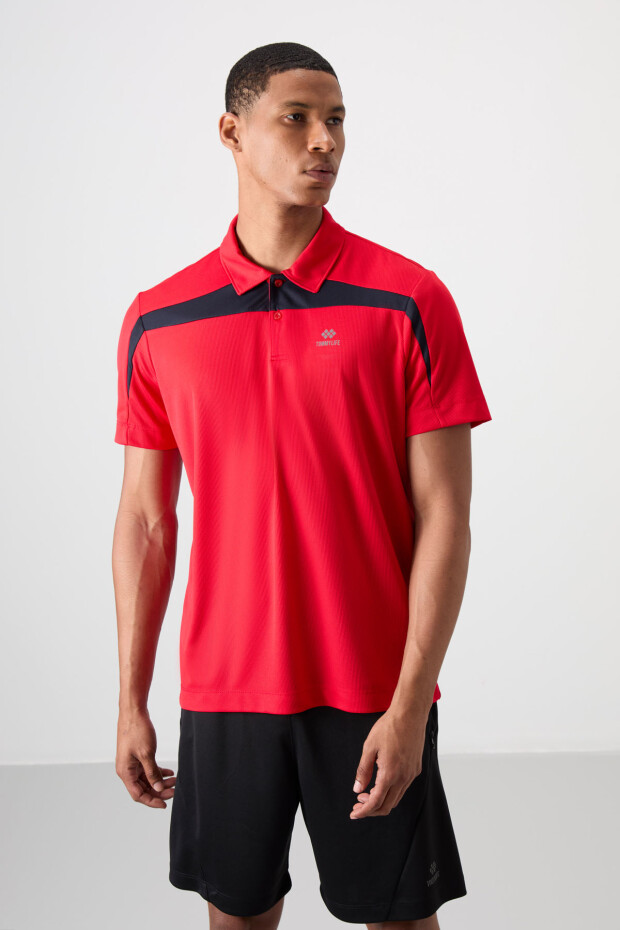 Kırmızı Polyester Nefes Alan Dokulu İnce Esnek Standart Fit Polo Yaka Erkek Performans T-Shirt - 88392