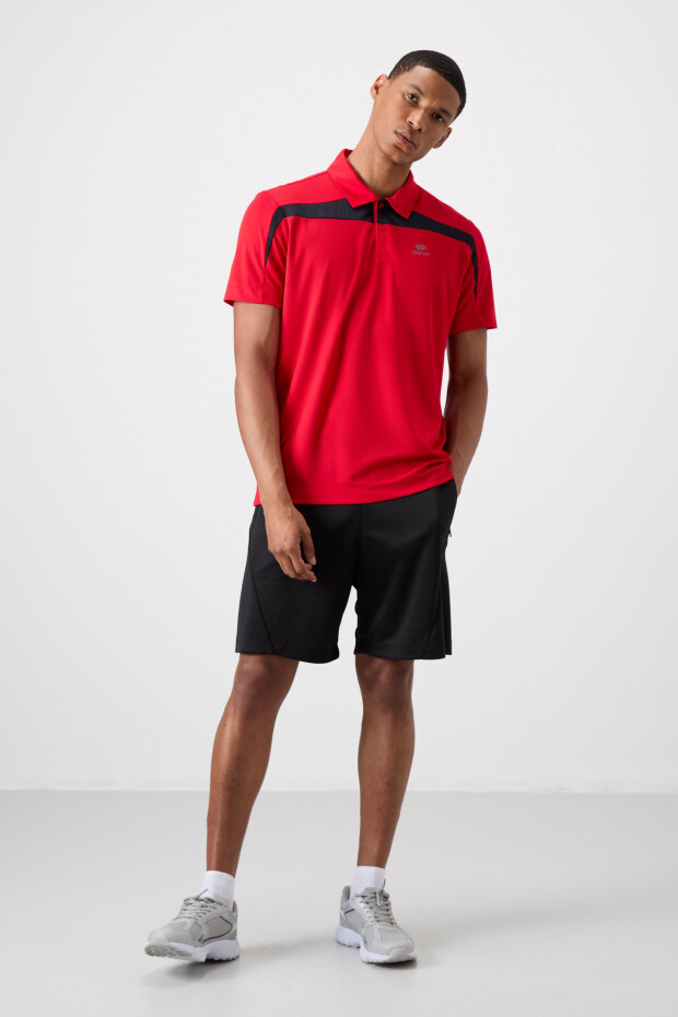 Kırmızı Nefes Alan Dokulu İnce Esnek Standart Fit Polo Yaka Erkek Performans T-Shirt - 88392 - 2