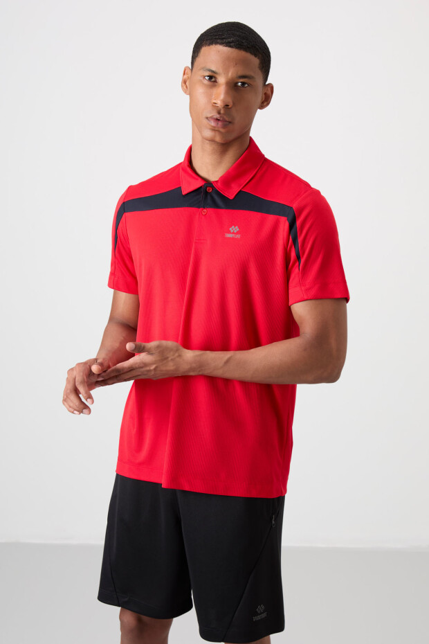 Kırmızı Nefes Alan Dokulu İnce Esnek Standart Fit Polo Yaka Erkek Performans T-Shirt - 88392 - 4