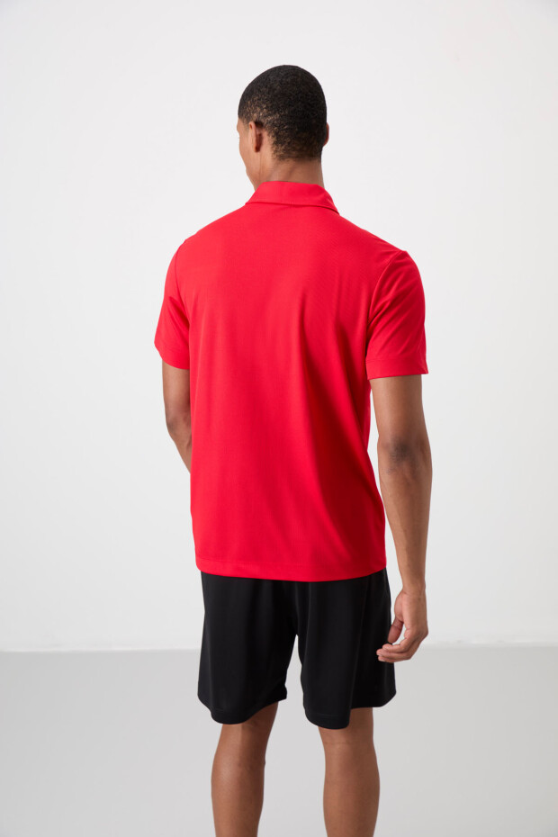 Kırmızı Nefes Alan Dokulu İnce Esnek Standart Fit Polo Yaka Erkek Performans T-Shirt - 88392 - 5