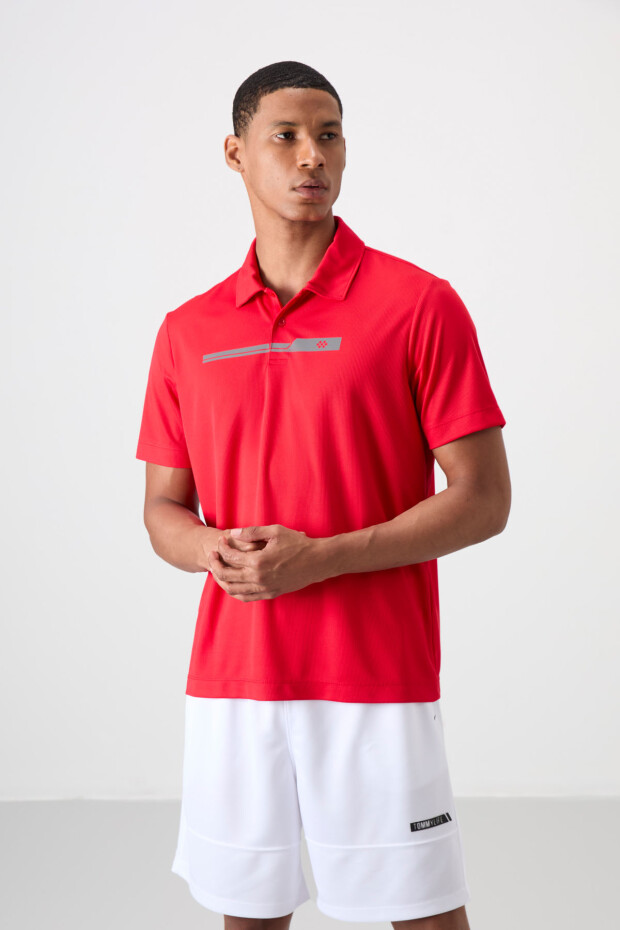 Kırmızı Polyester Nefes Alan Dokulu İnce Esnek Standart Fit Polo Yaka Erkek Performans T-Shirt - 88393