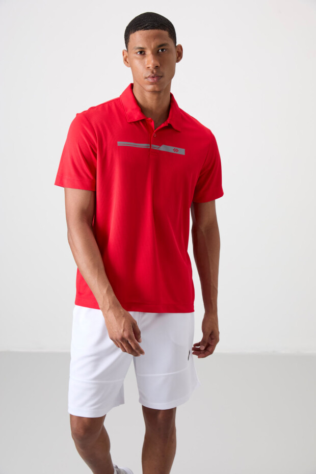 Kırmızı Nefes Alan Dokulu İnce Esnek Standart Fit Polo Yaka Erkek Performans T-Shirt - 88393 - 4