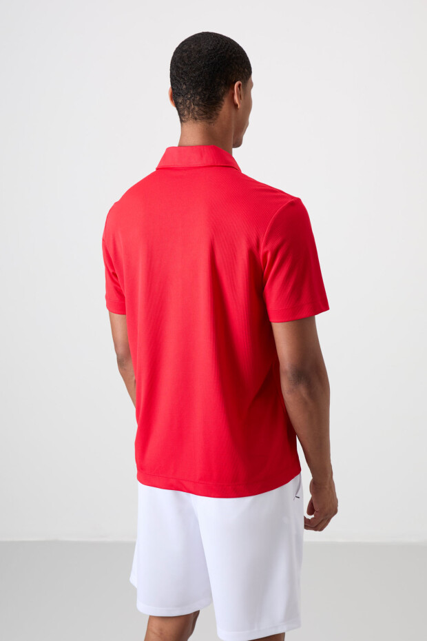 Kırmızı Nefes Alan Dokulu İnce Esnek Standart Fit Polo Yaka Erkek Performans T-Shirt - 88393 - 5