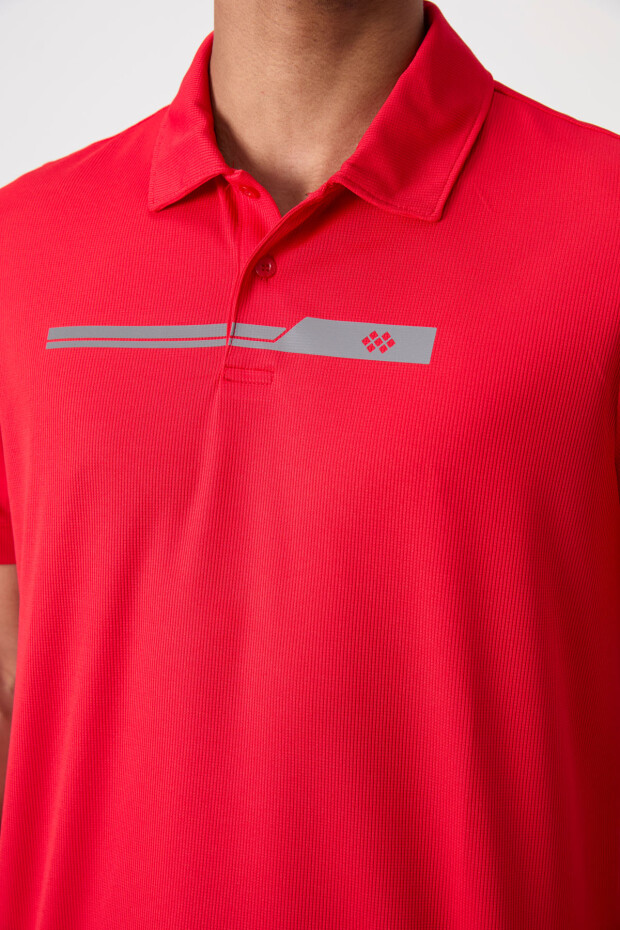 Kırmızı Nefes Alan Dokulu İnce Esnek Standart Fit Polo Yaka Erkek Performans T-Shirt - 88393 - 3