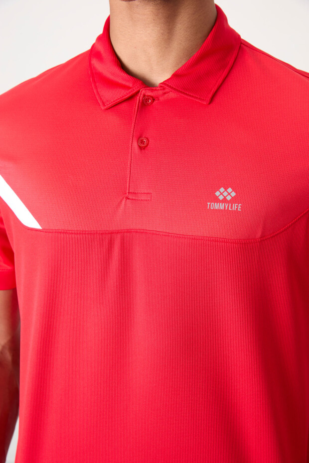 Kırmızı Polyester Nefes Alan Dokulu İnce Esnek Standart Fit Polo Yaka Erkek Performans T-Shirt - 88402