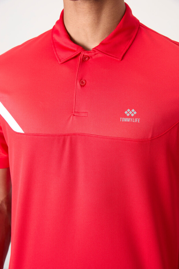 Kırmızı Nefes Alan Dokulu İnce Esnek Standart Fit Polo Yaka Erkek Performans T-Shirt - 88402 - 3