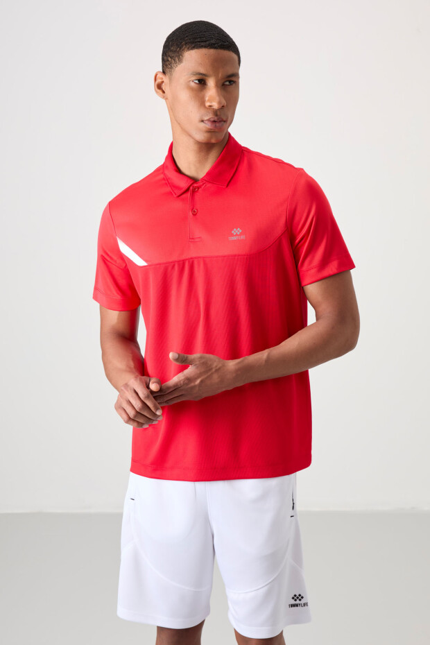 Kırmızı Nefes Alan Dokulu İnce Esnek Standart Fit Polo Yaka Erkek Performans T-Shirt - 88402 - 1