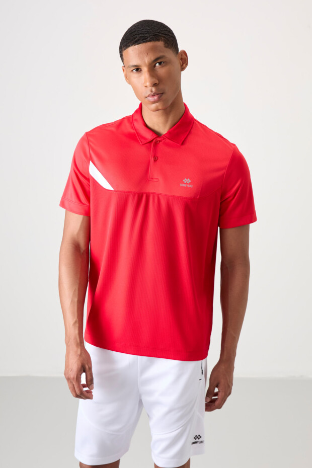 Kırmızı Nefes Alan Dokulu İnce Esnek Standart Fit Polo Yaka Erkek Performans T-Shirt - 88402 - 4