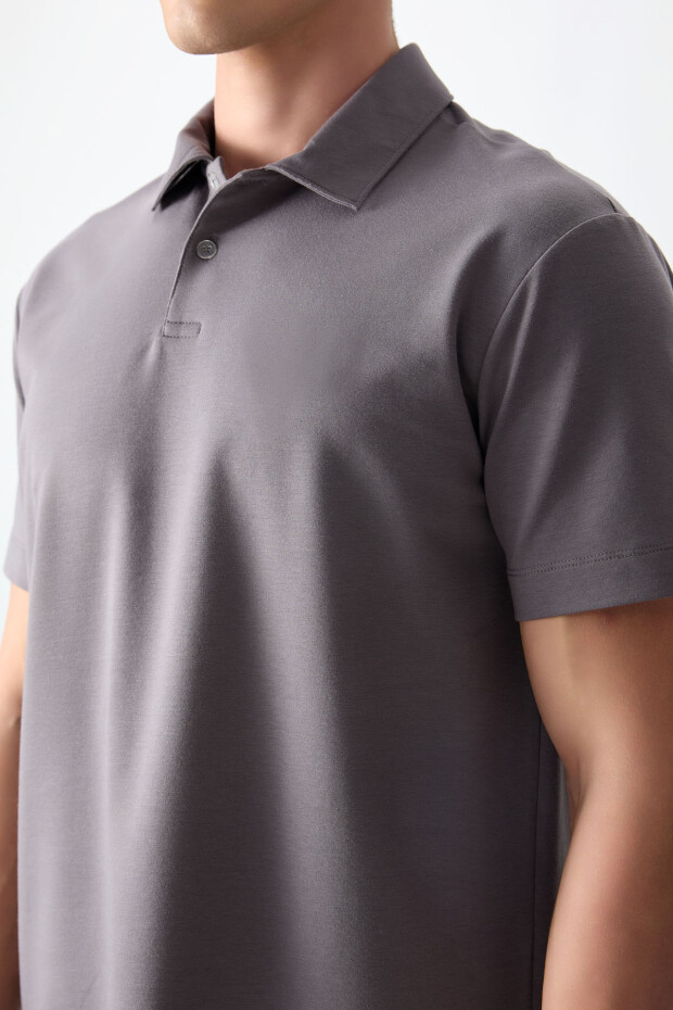 Koyu Gri Pamuklu Kalın Yumuşak Dokulu Polo Yaka Oversize Fit Basic Erkek T- Shirt - 88381 - 2