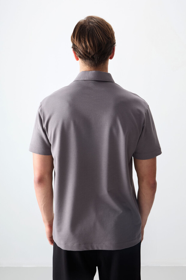 Koyu Gri Pamuklu Kalın Yumuşak Dokulu Polo Yaka Oversize Fit Basic Erkek T- Shirt - 88381 - 4